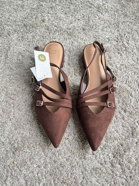 a new day Brown Pointed Toe Strappy Slingback Flats. Size 11